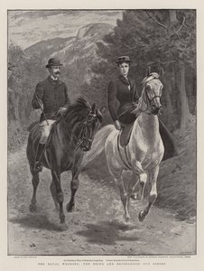Le mariage royal, la mariée et le marié à cheval